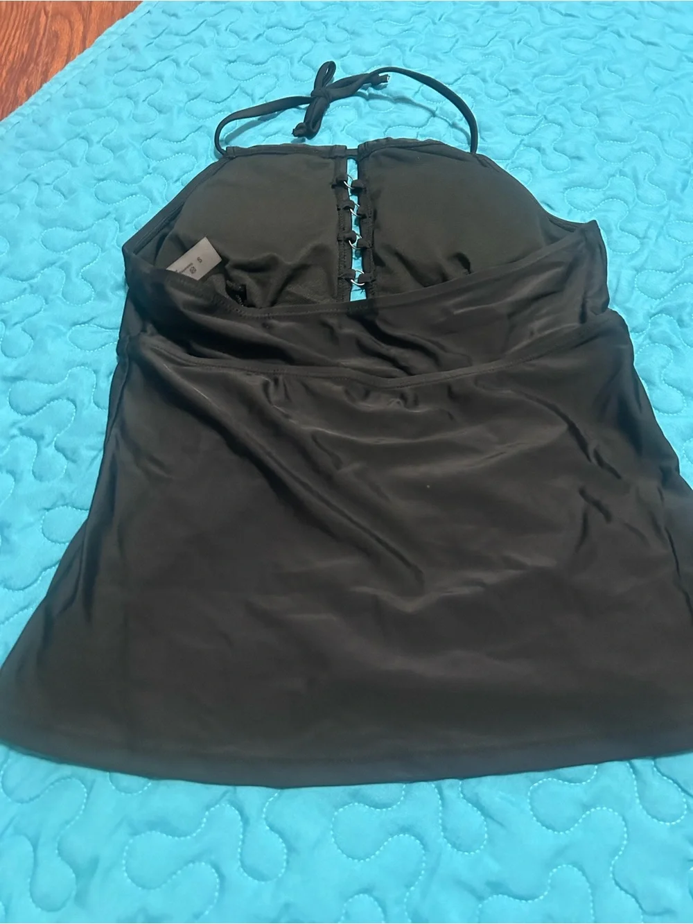 Amazon Black Halter Tankini Top with Blue & Teal Tropical Swim Shorts